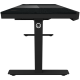 Dual-motor sit/stand adjustable-height gaming desk with built-in PC case, wireless charger, RGB lighting, control panel, and USB ports, wooden tabletop, black.