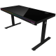 Dual-motor sit/stand adjustable-height gaming desk with wireless charger, RGB lighting, control panel, and USB ports, solid tempered glass tabletop, black.
