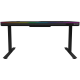 Dual-motor sit/stand adjustable-height gaming desk with wireless charger, RGB lighting, control panel, and USB ports, solid tempered glass tabletop, black.