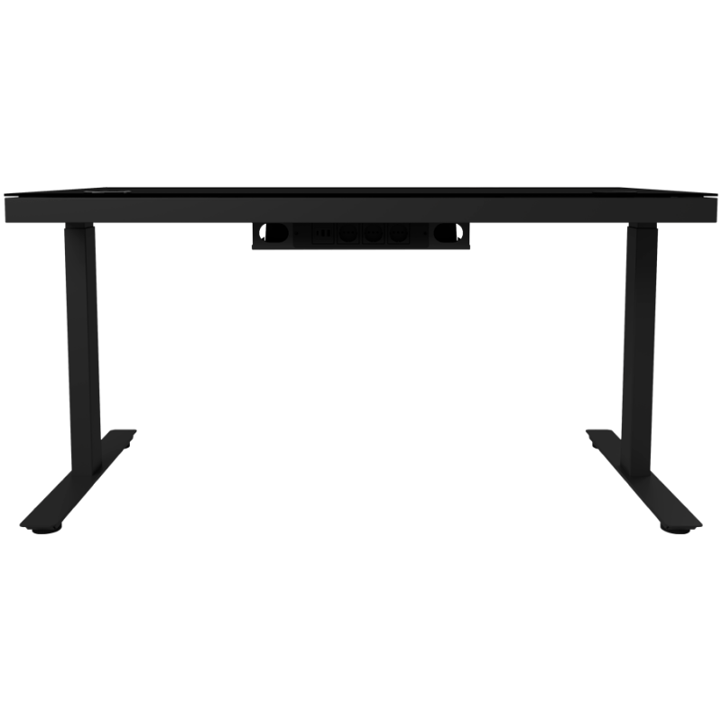 Dual-motor sit/stand adjustable-height gaming desk with wireless charger, RGB lighting, control panel, and USB ports, solid tempered glass tabletop, black.