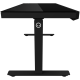 Dual-motor sit/stand adjustable-height gaming desk with wireless charger, RGB lighting, control panel, and USB ports, solid tempered glass tabletop, black.