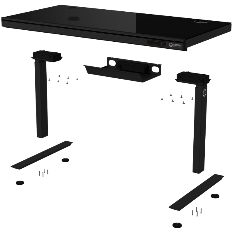 Dual-motor sit/stand adjustable-height gaming desk with wireless charger, RGB lighting, control panel, and USB ports, solid tempered glass tabletop, black.