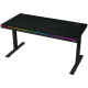 Dual-motor sit/stand adjustable-height gaming desk with wireless charger, RGB lighting, control panel, and USB ports, solid wooden tabletop, black.