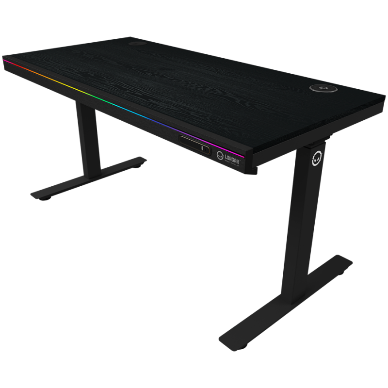 Dual-motor sit/stand adjustable-height gaming desk with wireless charger, RGB lighting, control panel, and USB ports, solid wooden tabletop, black.