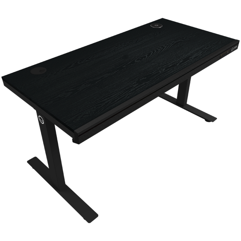 Dual-motor sit/stand adjustable-height gaming desk with wireless charger, RGB lighting, control panel, and USB ports, solid wooden tabletop, black.