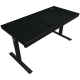 Dual-motor sit/stand adjustable-height gaming desk with wireless charger, RGB lighting, control panel, and USB ports, solid wooden tabletop, black.