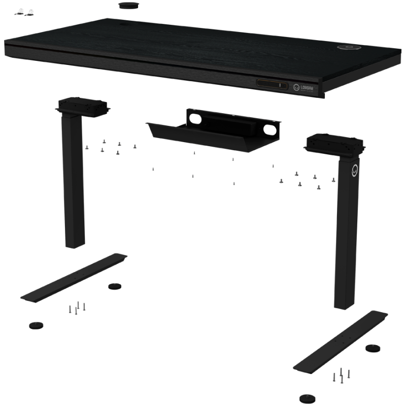 Dual-motor sit/stand adjustable-height gaming desk with wireless charger, RGB lighting, control panel, and USB ports, solid wooden tabletop, black.