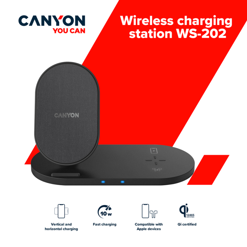 CANYON WS-202 2in1 Wireless charger, Input 5V/3A, 9V/2.67A, Output 10W/7.5W/5W, Type c cable length 1.2m, PC+ABS,with PU part