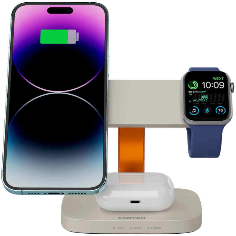 CANYON Wireless Charging Station Hexagon 310 3in1 LightGrey/Orange, CNS-WCS310LGOR