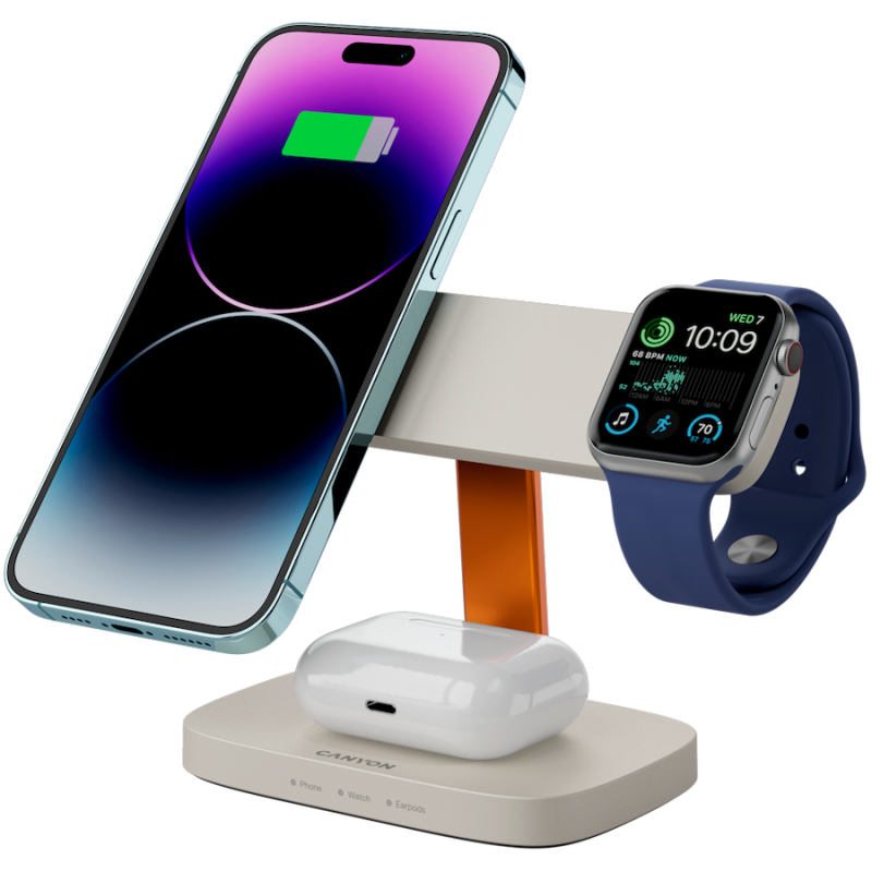 CANYON Wireless Charging Station Hexagon 310 3in1 LightGrey/Orange, CNS-WCS310LGOR
