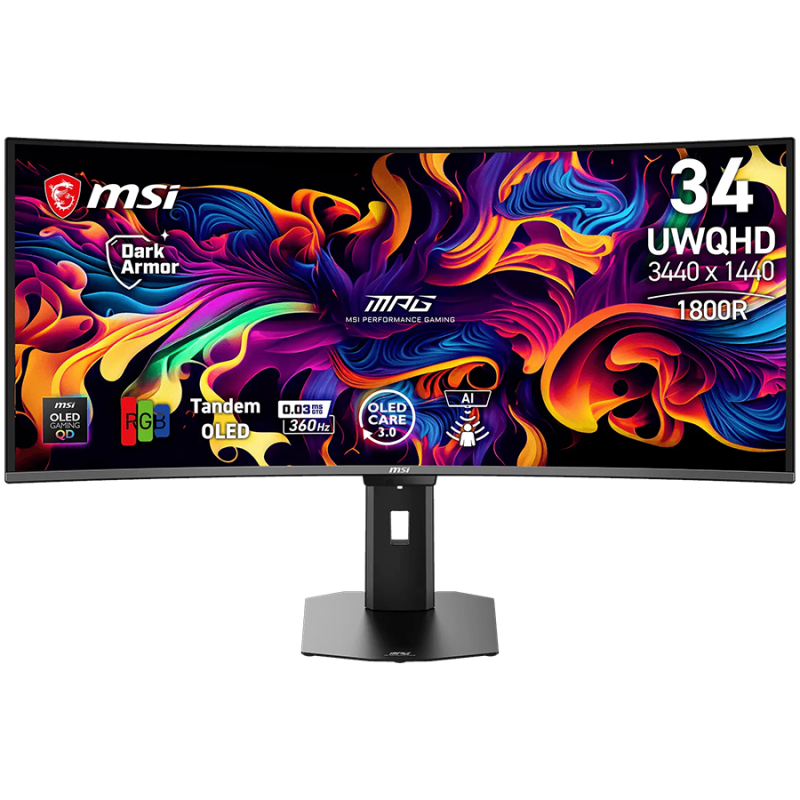 MSI MPG 341CQR QD-OLED X36 Gaming Монитор, 34" 360Hz, UWQHD (3440x1440) 21:9, Tandem QD-OLED, 1800R, 0.03ms, 300nits, 1500000:1, 178/178, G-SYNC Compatible, AMD FreeSync Premium Pro, DisplayHDR True Black 500, Adj. Stand, 1xDP, 2xHDMI, 1xType-C, 3Y