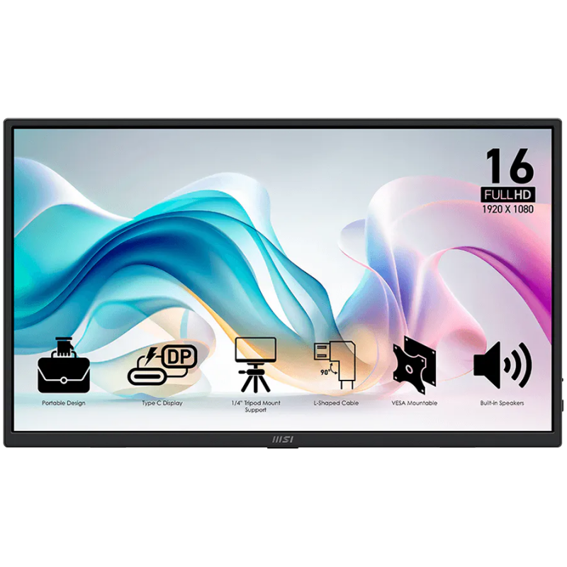 MSI PRO MP165 E6 Professional Business Portable Монитор, 15.6" 60Hz, FHD (1920x1080) 16:9, IPS Anti-glare, 4ms, 250nits, 1000:1, 178/178, Tilt, Speakers, 2x Type-C, 1x HDMI, 3Y Warranty