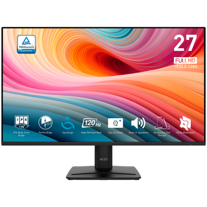 MSI PRO MP275 E2 Professional Business Монитор, 27" 120Hz, FHD (1920x1080) 16:9, IPS Anti-glare, 1ms/4ms, 300nits, 1500:1, 178/178, Adaptive-Sync, HDR Ready, Tilt, Speakers, 1x DP, 1x HDMI, 1x D-Sub, 3Y Warranty