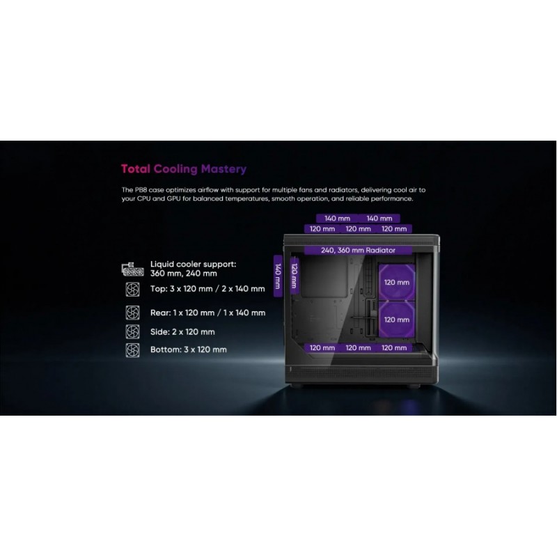 1stPlayer кутия Case ATX - PB8 Black - 3 x 120 mm A-RGB fans included, USB-C