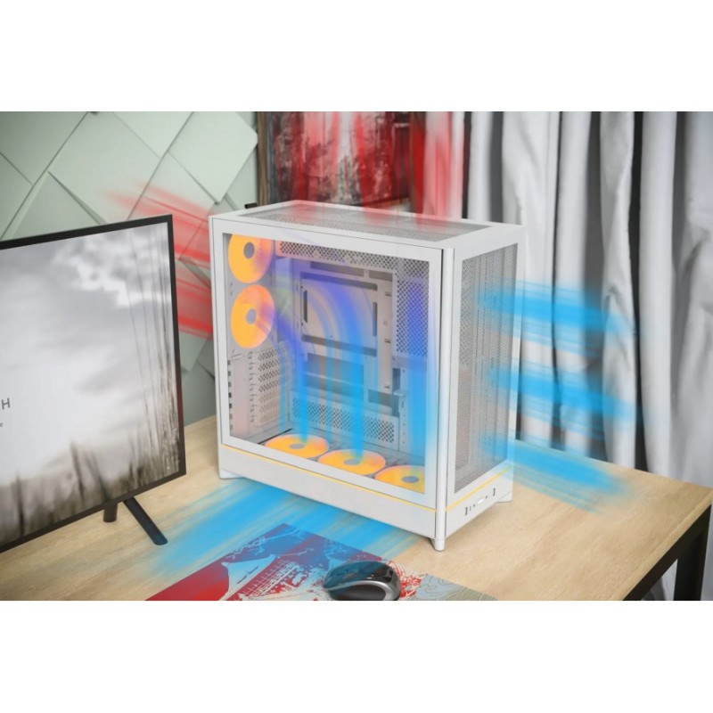 Montech кутия Case ATX - HS01 PRO (W) - 5 x 120 mm ARGB Fans, USB-C, White, MONTECH-HS01-PRO-WH