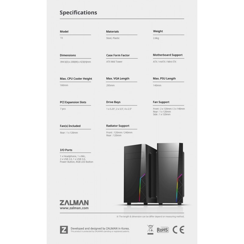 Zalman кутия за компютър Case ATX - T8 - RGB, ZM-T8