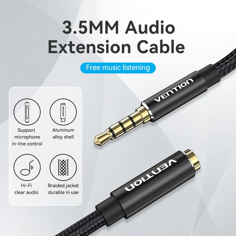Vention Аудио Кабел Cotton Braided TRRS 3.5mm Male to 3.5mm F - 1.5m - Gold plated, Aluminum alloy - BHCBG, BHCBG