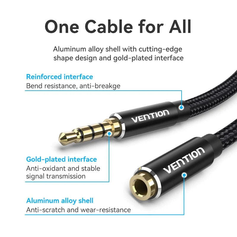 Vention Аудио Кабел Cotton Braided TRRS 3.5mm Male to 3.5mm F - 1.5m - Gold plated, Aluminum alloy - BHCBG, BHCBG