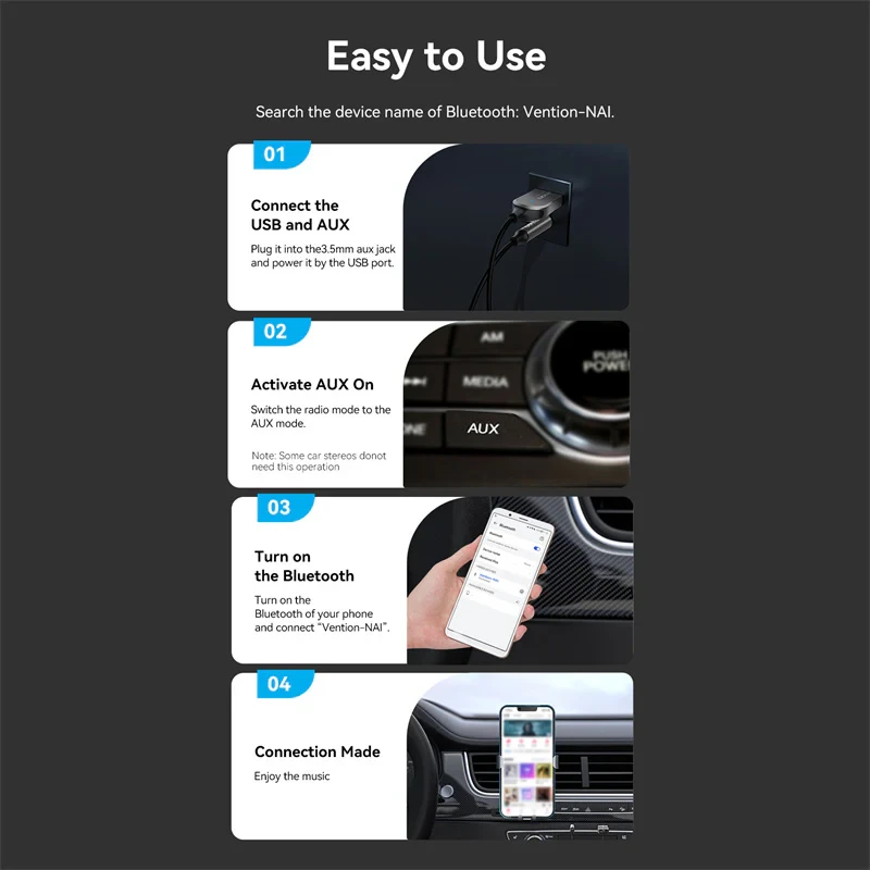 Vention блутут за кола за разговори и музика Car Bluetooth 5.4 audio receiver USB, 3.5mm jack - NAIHG, NAIHG