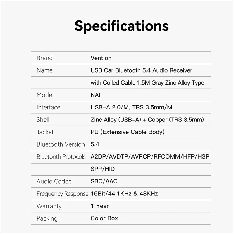 Vention блутут за кола за разговори и музика Car Bluetooth 5.4 audio receiver USB, 3.5mm jack - NAIHG, NAIHG