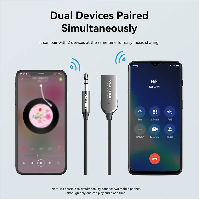 Vention блутут за кола за разговори и музика Car Bluetooth 5.4 audio receiver USB, 3.5mm jack - NAIHG, NAIHG