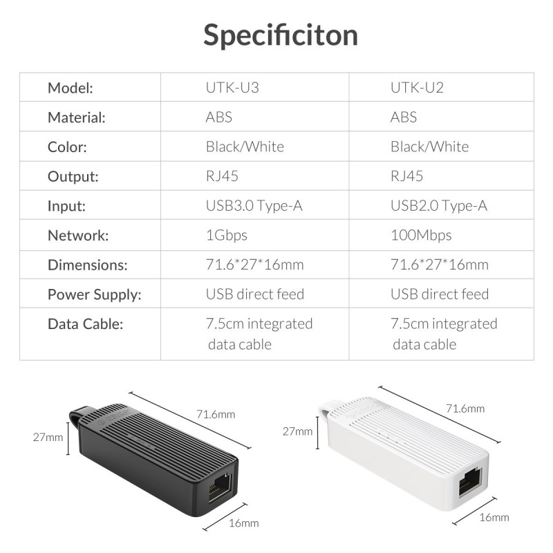 Orico адаптер USB3.0 to LAN Gigabit 1000Mbps black - UTK-U3, UTK-U3-BK