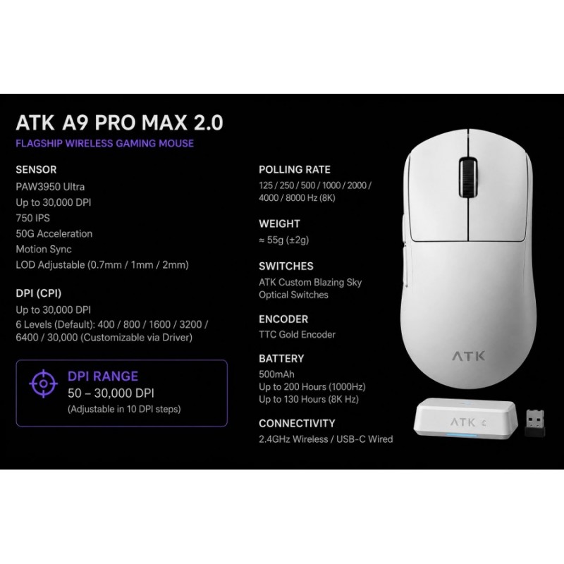 ATK професионална геймърска мишка Wireless Gaming Mouse A9 Pro Max 2.0 Tri-mode Nearlink - 8K, Black