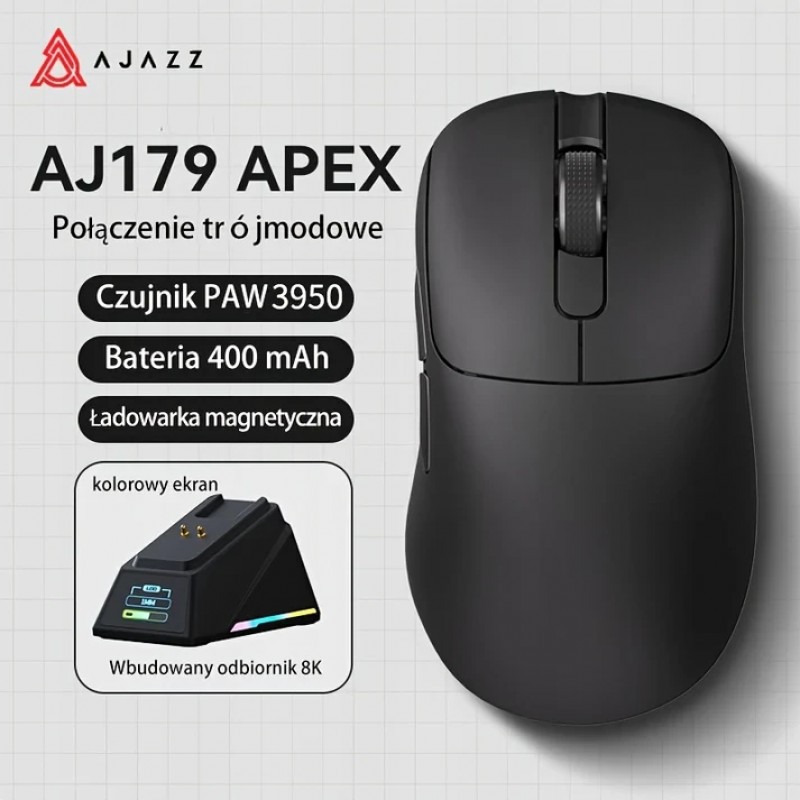 Ajazz професионална геймърска мишка AJ179 APEX - Wireless Gaming Mouse - 8K, Magnetic Charging Dock, White