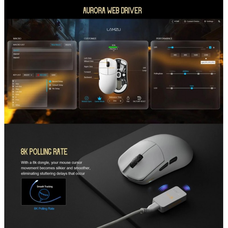Lamzu професионална геймърска мишка MAYA X 8K - Wireless Gaming Mouse - Purple Shadow, LAMZU-MAYA-X-PRP