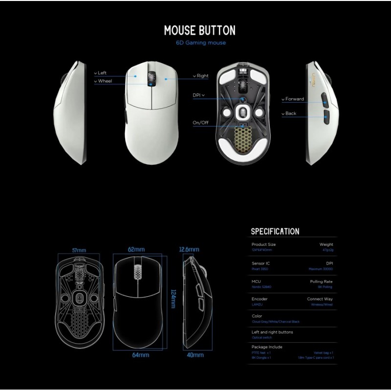 Lamzu професионална геймърска мишка MAYA X 8K - Wireless Gaming Mouse - Purple Shadow, LAMZU-MAYA-X-PRP