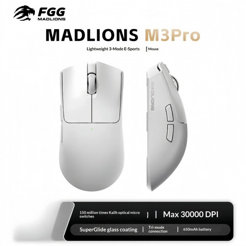 Madlions професионална геймърска мишка Wireless Gaming Mouse M3 Pro - 1K, Mad Catz Custom Sensor, White