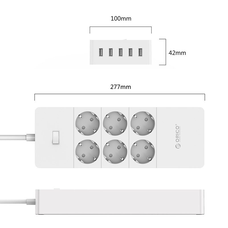 Orico протектор Surge Protector - 6 x Schuko, 5 x USB 2.4A Charging, 4000W, 1.5m - HPC-6A5U-V1-EU-WH-HPC-6A5U-V1-EU-WH