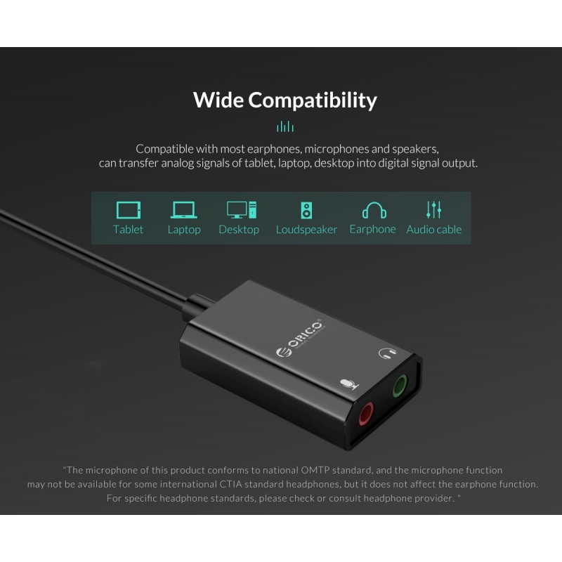 Orico външна звукова карта USB Sound card - Headphones, Mic, Black - SKT2-BK, SKT2-BK-BP