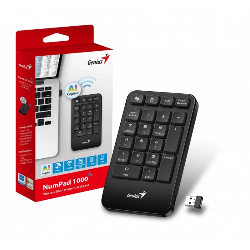 Genius цифрова безжична клавиатура кийпад Keypad Wireless NumPad 1000 - AI, 2.4G, Black