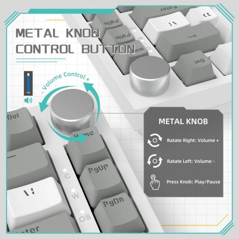 Ajazz геймърска механична клавиатура Gaming Mechanical Keyboard AK820 - AS Red Switch [Linear] (English US), Gray White, White Light