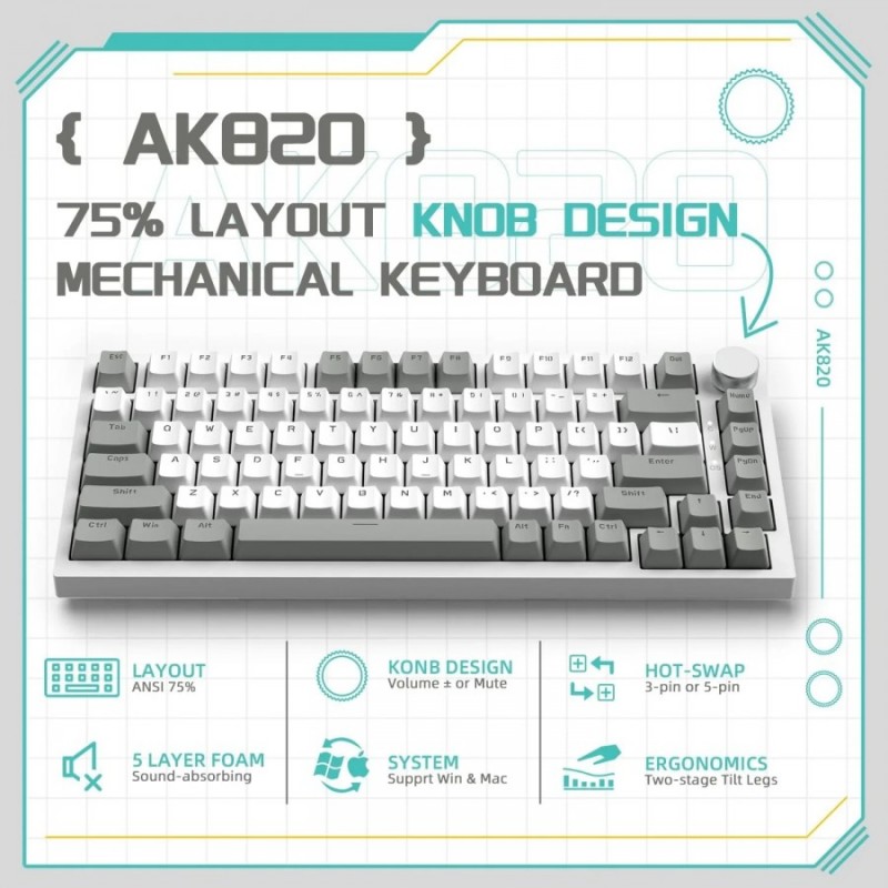 Ajazz геймърска механична клавиатура Gaming Mechanical Keyboard AK820 - AS Red Switch [Linear] (English US), Gray White, White Light