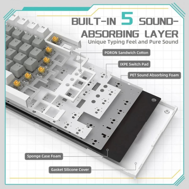 Ajazz геймърска механична клавиатура Gaming Mechanical Keyboard AK820 - Mille feuille Yellow Switches [Linear] (English US), White Gray, White Light