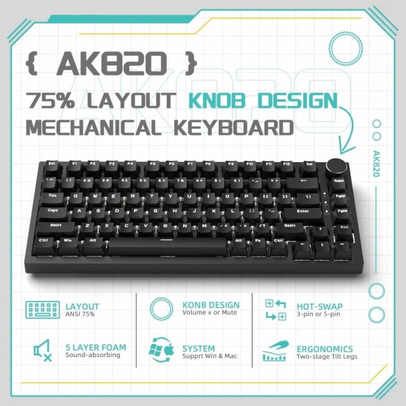 Ajazz геймърска механична клавиатура Gaming Mechanical Keyboard AK820 - Red Switches [Linear] (English US), Black, White Backlight