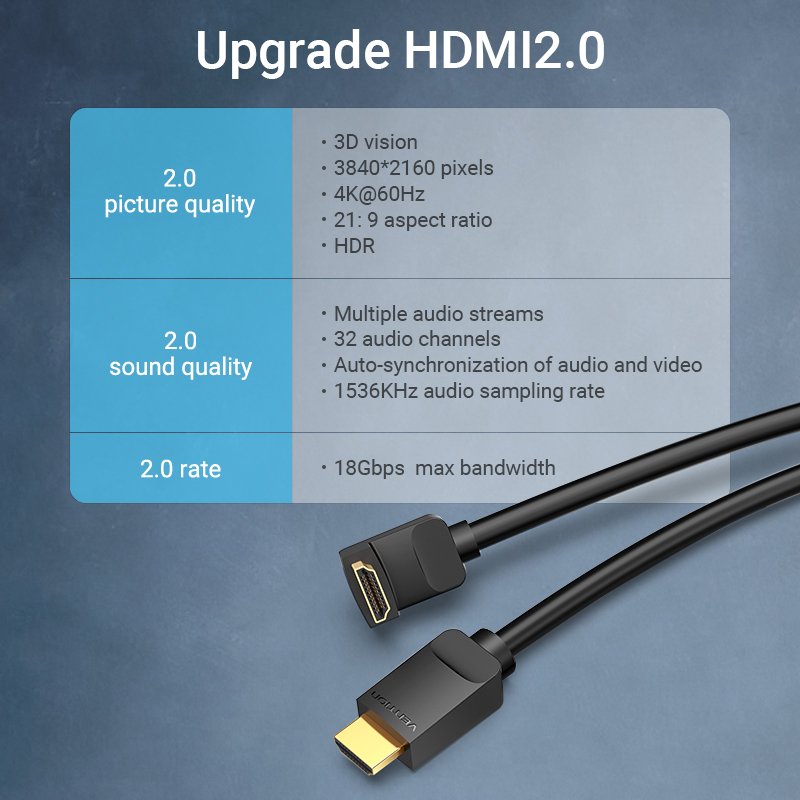 Vention Кабел HDMI Right Angle 90 Degree v2.0 M / M 4K/60Hz Gold - 2M Black - AARBH, AARBH