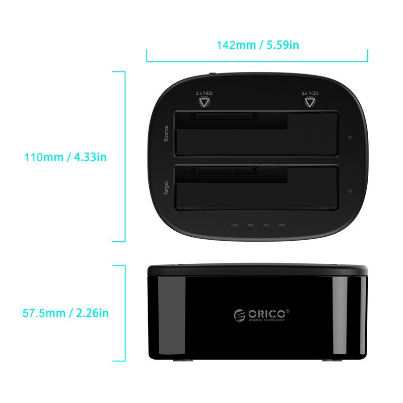 Orico докинг станция Storage - HDD/SSD Dock - 2 BAY Clone 2.5/3.5 USB3.0 - 6228US3-C-6228US3-C-EU-BK