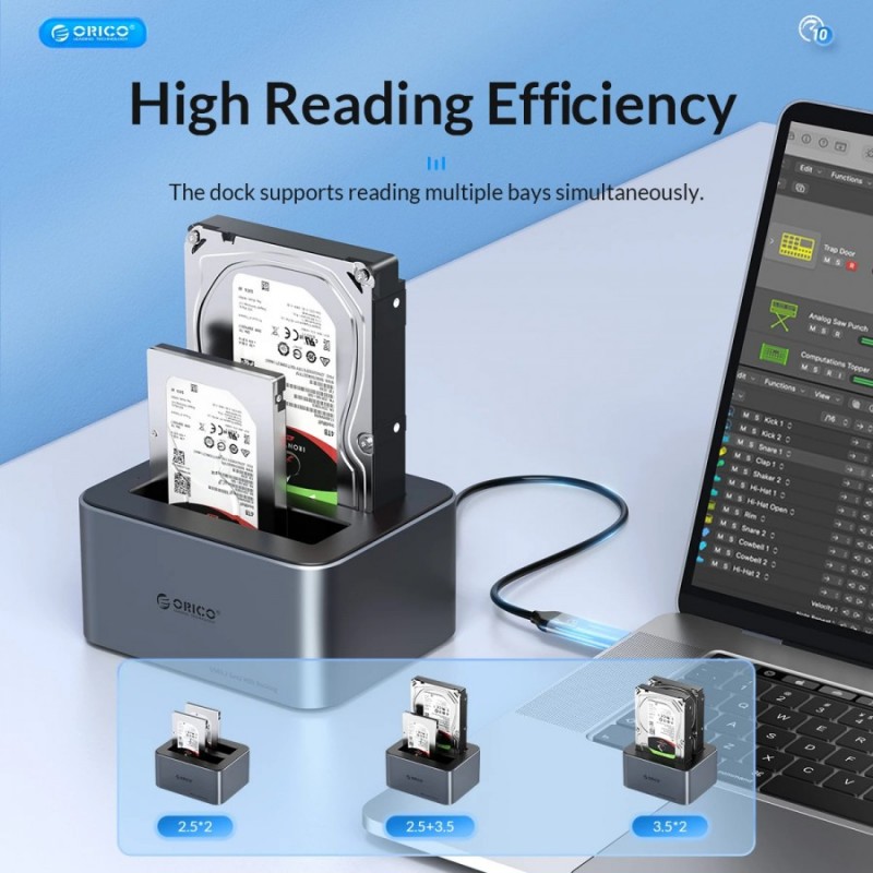 Orico докинг станция Storage - HDD/SSD Dock - 2 BAY Offline Clone 2.5/3.5 USB-C/USB-A - 6626C3-C-V1, 6626C3-C-V1