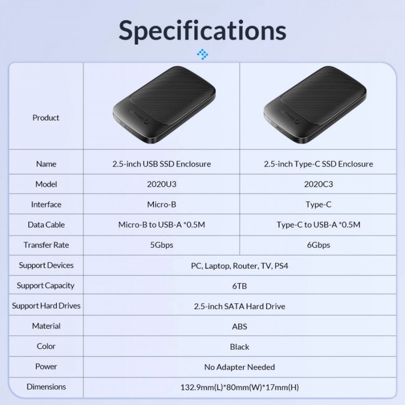 Orico кутия за диск Storage - Case - 2.5 inch USB-C - 2020C3-V1-BK, 2020C3-V1-BK-EP