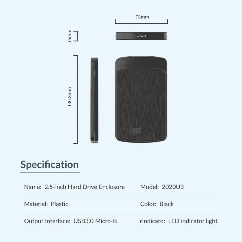 Orico кутия за диск Storage - Case - 2.5 inch USB3.0 - 2020U3-BK, 2020U3-BK-EP