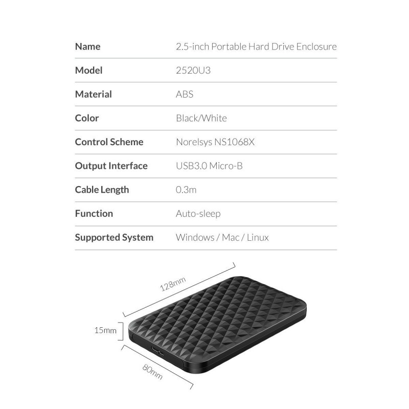 Orico кутия за диск Storage - Case - 2.5 inch USB3.0 - 2520U3-BK-EP-2520U3-BK-EP