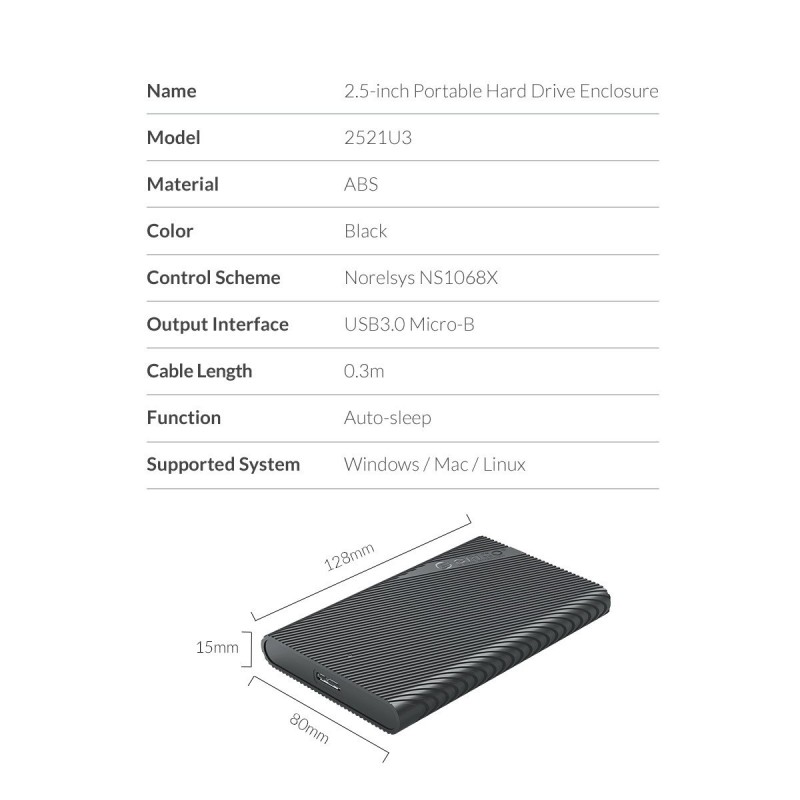 Orico кутия за диск Storage - Case - 2.5 inch USB3.0 - 2521U3-BK-EP-2521U3-BK-EP