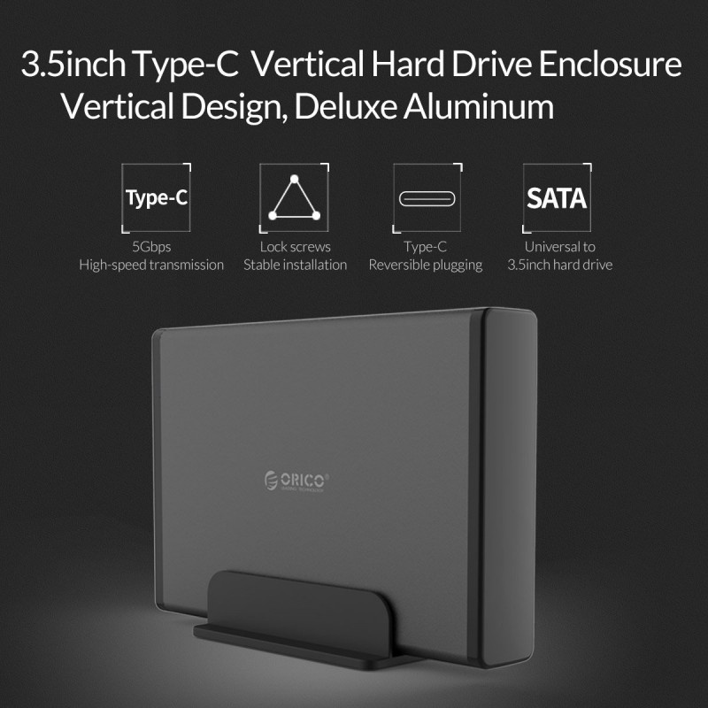 Orico кутия за диск Storage - Case - 3.5 inch Vertical, USB3.1 Type-C, Power adapter, UASP, black - 7688C3-BK, 7688C3-EU-BK-BP