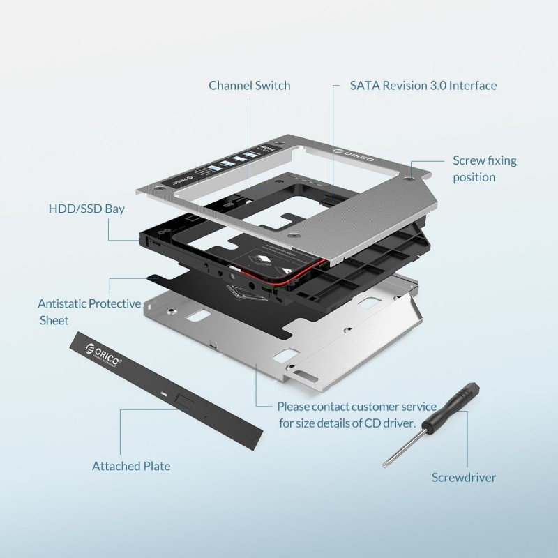 Orico тънко кади за лаптоп Laptop Caddy 9.0-9.5mm SATA3 with LED/switch - M95SS-SV, M95SS-SV