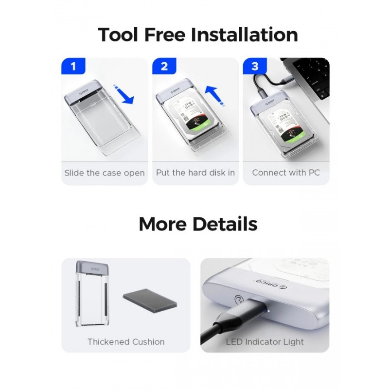 Orico външна кутия за диск Storage - Case - 2.5 inch 5Gbps USB-C Transparent - TX25C3-GY-BP, TX25C3-GY-BP