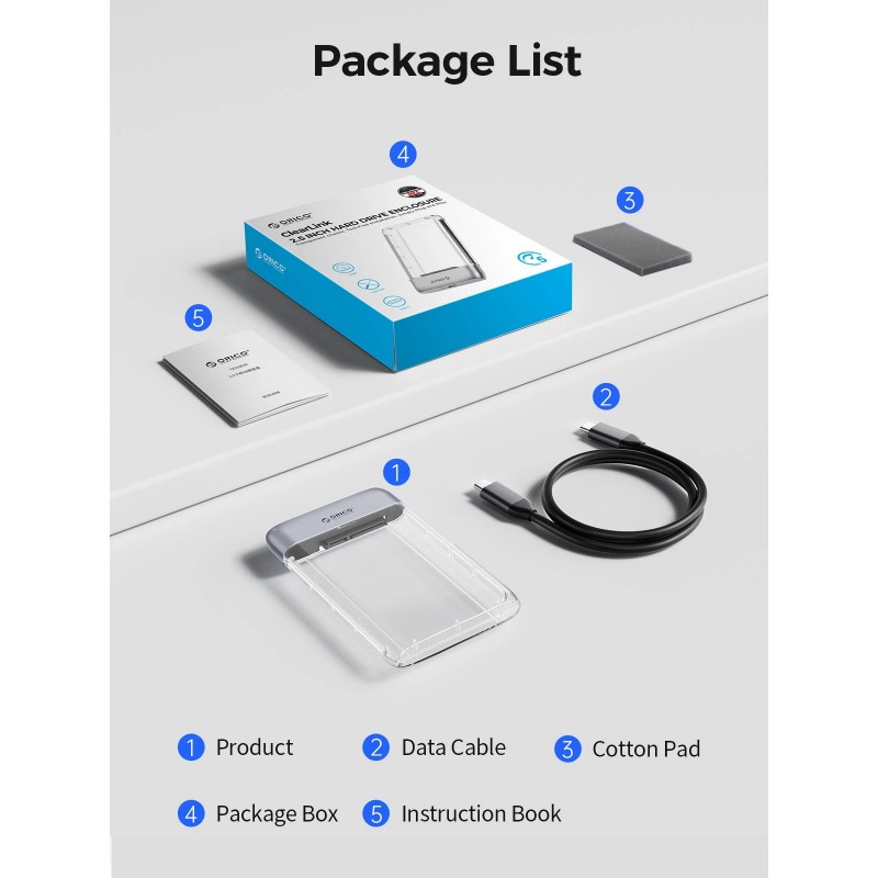 Orico външна кутия за диск Storage - Case - 2.5 inch 5Gbps USB-C Transparent - TX25C3-GY-BP, TX25C3-GY-BP