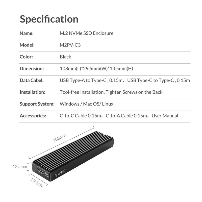 Orico външна кутия за диск Storage - Case - M.2 NVMe M-key 10 Gbps - M2PV-C3-BK-BP-M2PV-C3-BK-EP